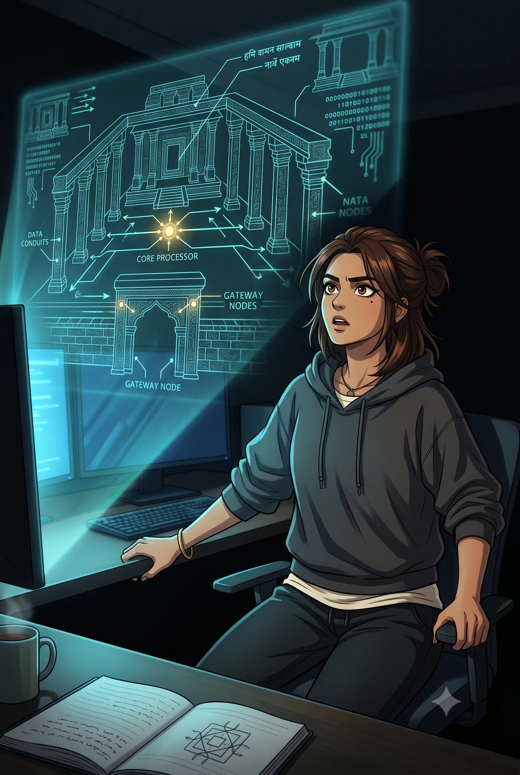 Chapter key art — the temple schematic — ANANTA Volume 1, Chapter 1 illustration